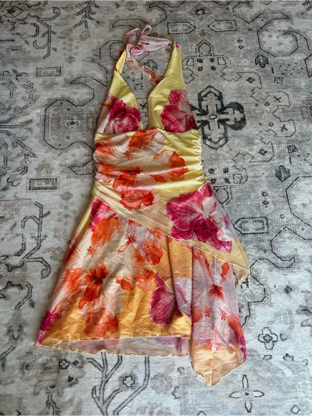 Yellow Halter Dress with Pink & Orange Floral Print
